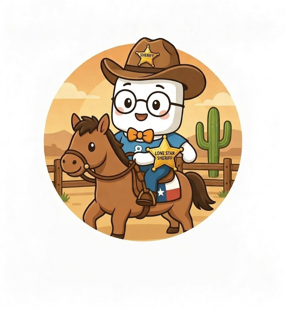 Professor Marshmallow riding in Texas sheriff style